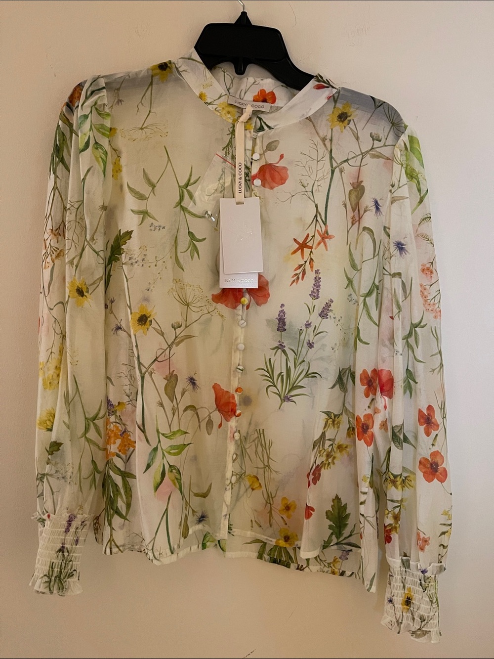 Floral Sheer Button-Front Blouse - White/Multicolor Lucky & Coco size L